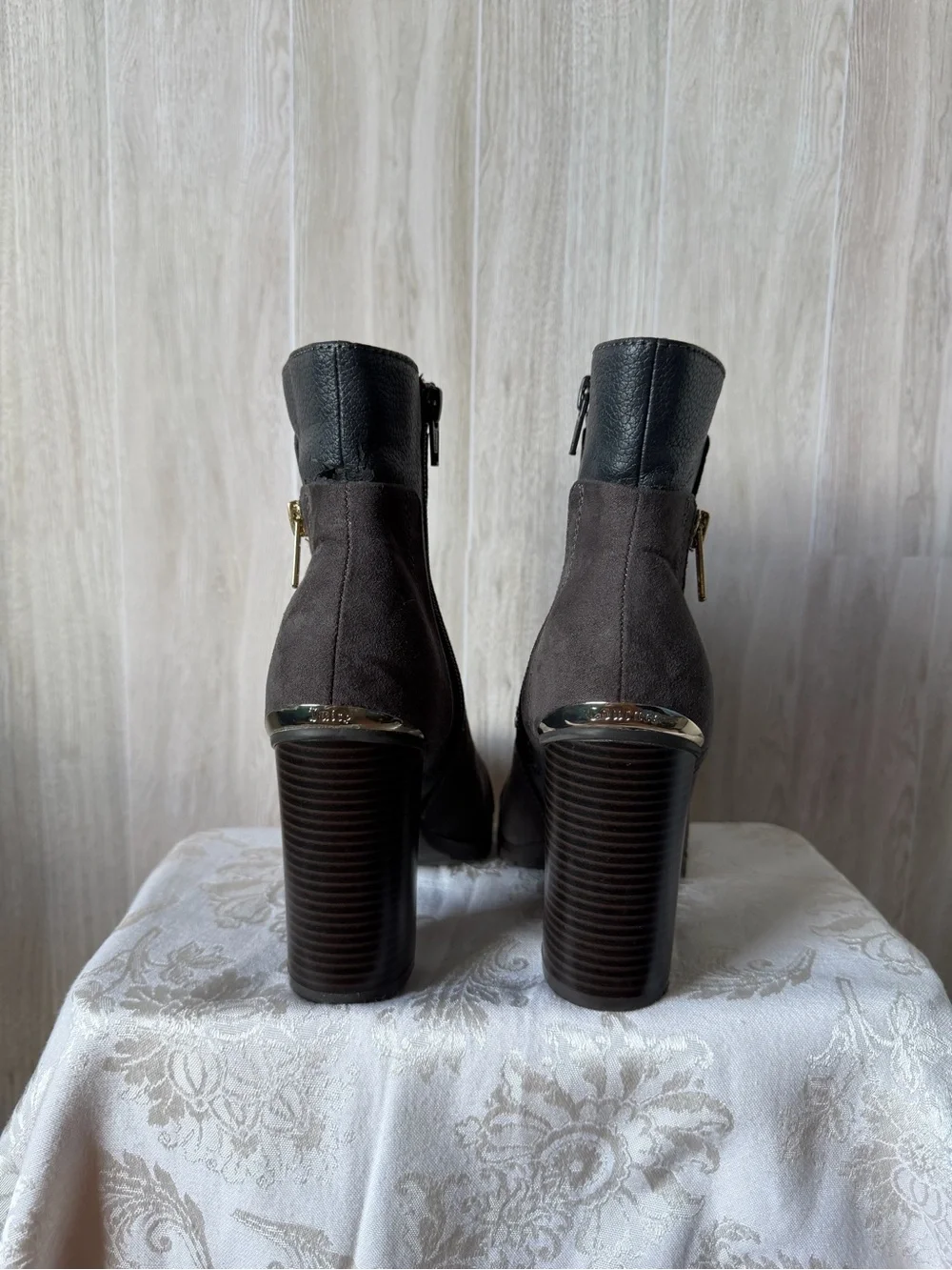Juicy Couture Charcoal Suede Block Heel Ankle Boots with Black Cuff